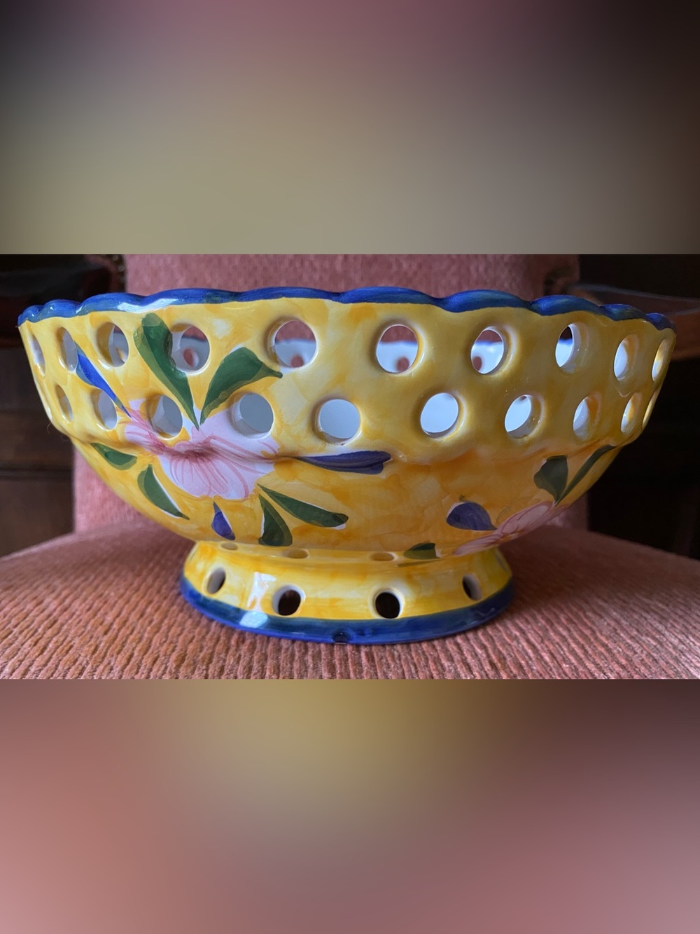Vintage Vestal Yellow Floral Ceramic Pedestal Bowl with Blue Rim